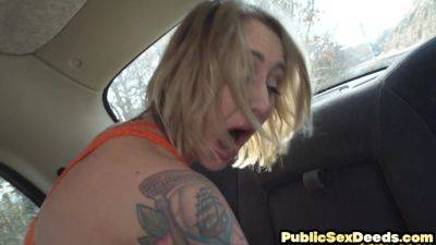 Tattooed taxi slut in pantyhose drilled by taxi man outdoor - txxx.com